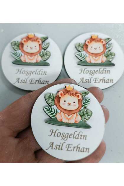 12 Adet Çimenli Aslan Figürlü Ahşap Bebek ( Yenidoğan Doğum Günü Magnet)