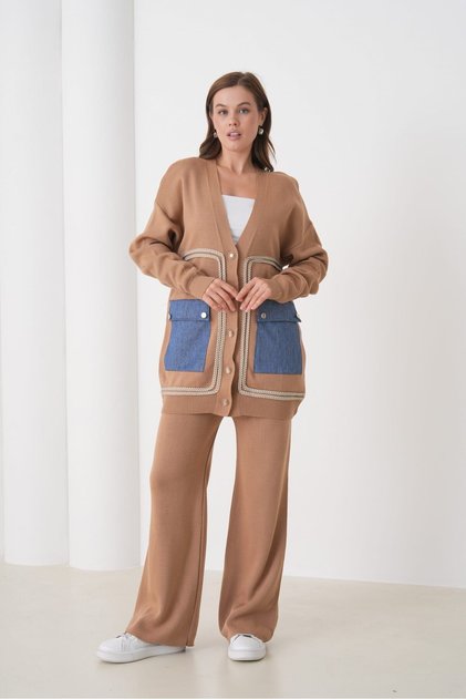 Denim Pocket Detail Buttoned V-Neck Cardigan and Wide-Leg Pants Knit Set