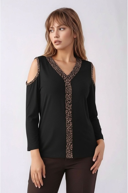 Kadon Off-The-Shoulder Three-Quarter Sleeve Leopard Piping Comfortable Fit Sport Stylish Blouse
