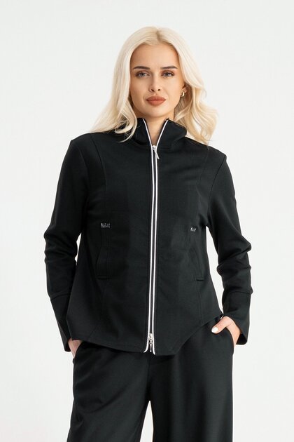 Steel Knitted Fabric Black Women's Jacket with Double Zipper Pockets
