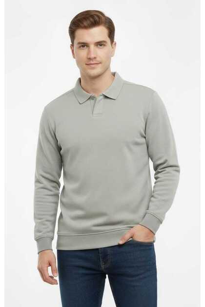 Polo Neck 100% Cotton Steel Knitted Swaetshi̇rt