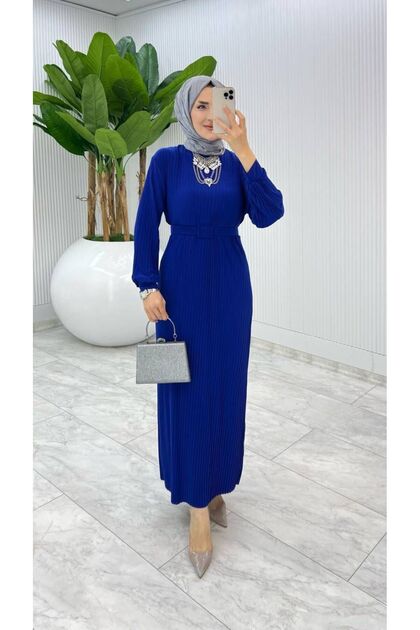 Women's Seasonal Belted Length Pleated Candy Fabric Dress