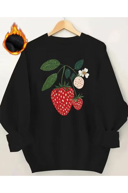 Strawberry Print Detailed Crew Neck Sweatshirt