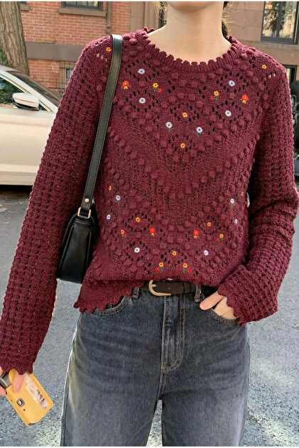Women's Burgundy Standard Size Lace-Like Knit Floral Embroidered Cotton Knitwear Sweater