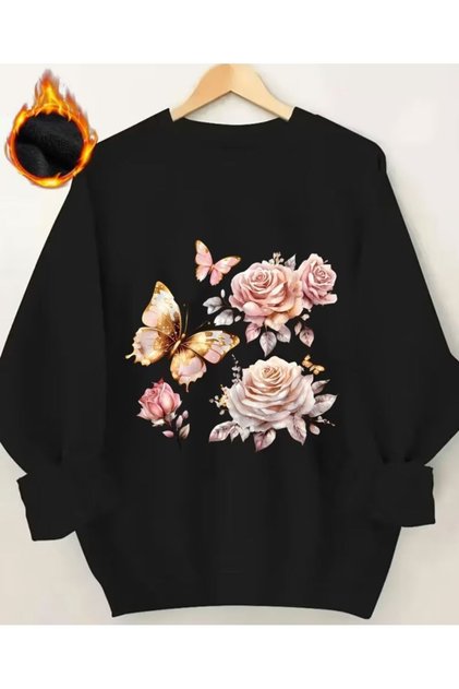 Butterfly And Rose Print Detailed Crew Neck Sweatshirt