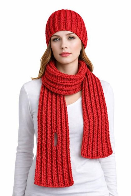 - Emine 9106 2012 Hand Knitted Beanie and Scarf Set - Red