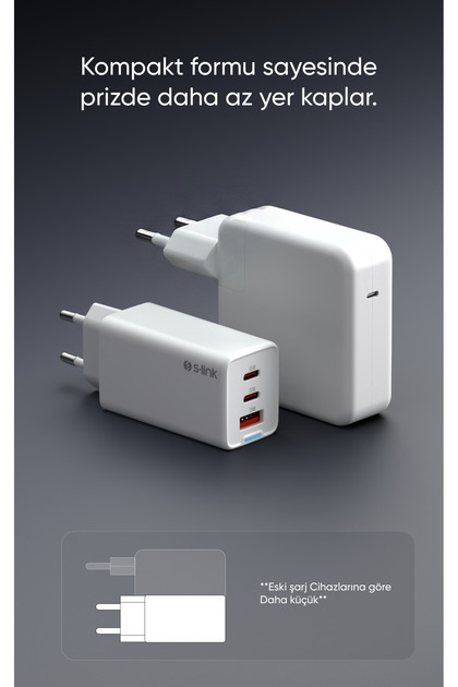 S-Link Şarj Adaptör 65W 3 Port 2xUSB-C + USB-A GAN PD QC 18W Type
