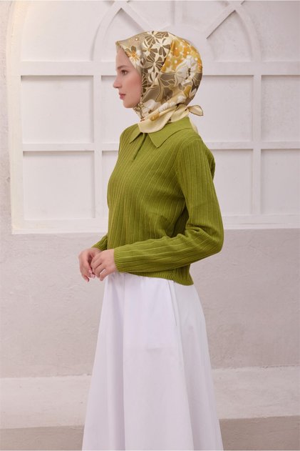 Sarı Çiçek Desen %100 Twill İpek Eşarp 4220 - 35