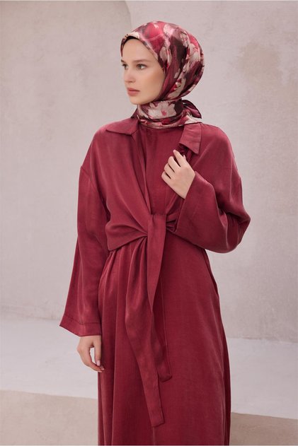 Bordo Çiçek Desen %100 Twill İpek Eşarp 4217 - 86
