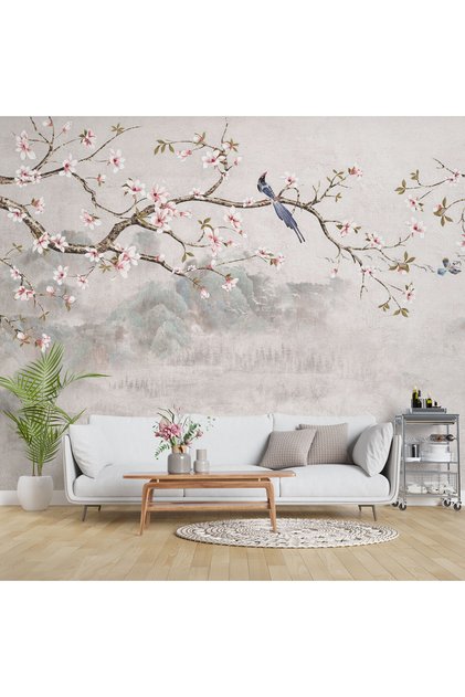 Kuşlu Pembe Çiçekli Duvar Kağıdı, Suluboya Duvar Resmi, Sakura Ağaç Dallı Duvar Dekoru