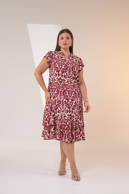 3330483 Women's Plus Size Burgundy Skirt Layered-Flounce Dress