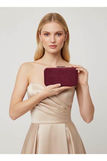 Burgundy Gold Luxury Suede Chain Handle Women's Evening Dress Bag