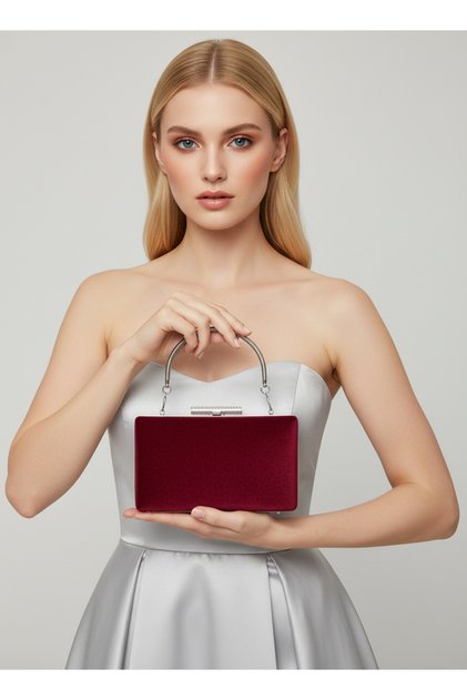Burgundy Silver Luxury Suede Chain Handle Women Evening Dress Bag Wedding Engagement Graduation
