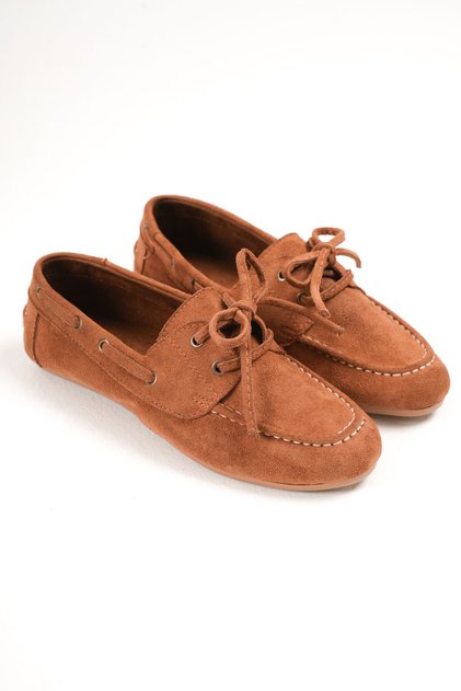 Women's Tan Suede Daily Casual Classic Lace-Up Detail Loafer Ballet Shoes