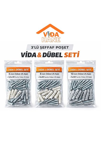 VİDAHANE 3'lü Sunta Dübel Seti - 150 Parça