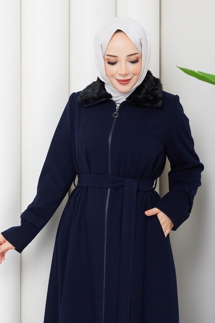 Günay Karaca Plus Size Winter Melton Women's Navy Blue Overcoat