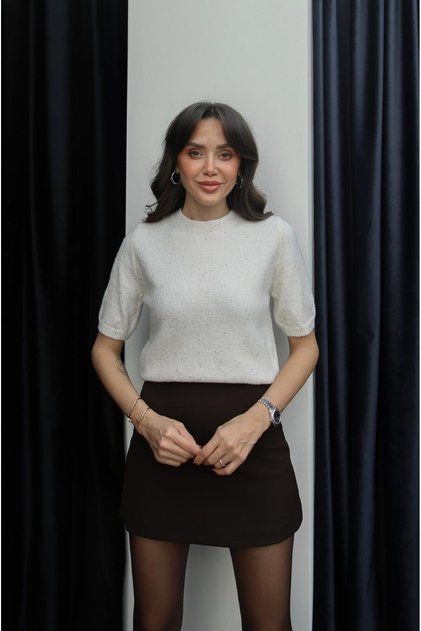 Cream Glitter Short Sleeve Sweater