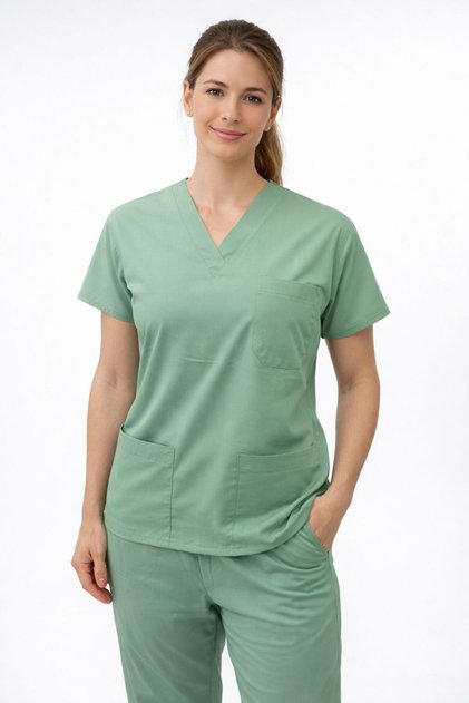 Unisex Green Medical Uniform Set – Flexible Fabric, V-Neck, Nurse and Doctor Uniform with Pockets
