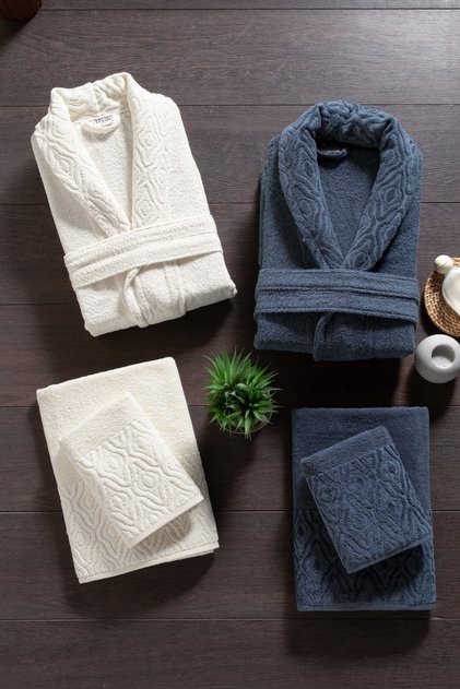 Hira 6-Piece Family Bathrobe Set - 100% Cotton, Luxury, Jacquard Bathrobe Set, Giftable, Dowry