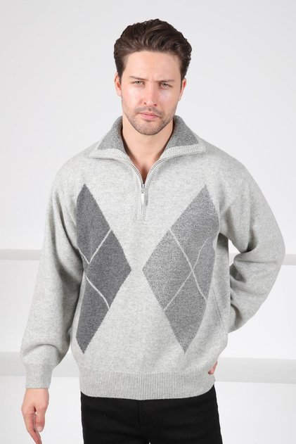 A.Grey Turtleneck Zippered Front with Diamond Pattern 100% Lamb Wool Men's Knitwear Sweater