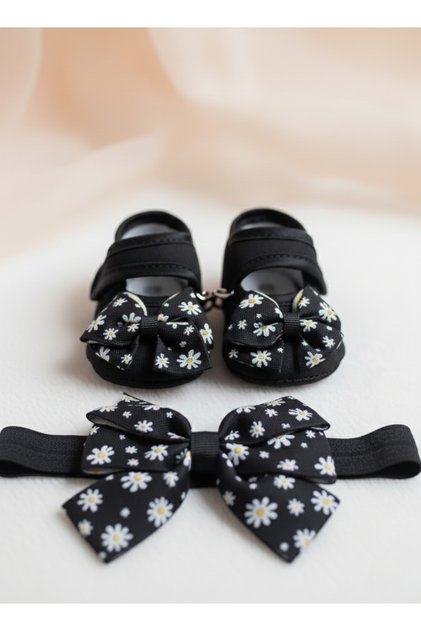 0-3 Months Newborn Daisy Patterned Black Baby Bandana Set