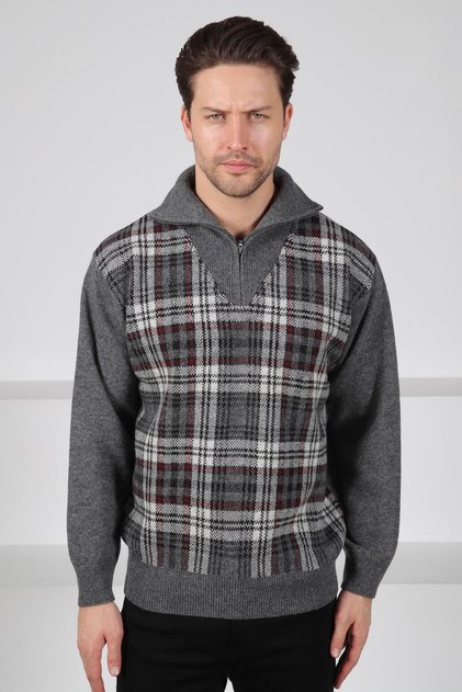 Smoked Turtleneck Zippered Front Stripe Detailed Lamb Wool Blend Men's Knitwear Sweater