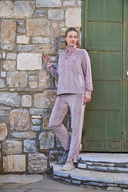 Velvet Plus Size Tracksuit Set Cossybyaqua 26060-42 - Dried Rose