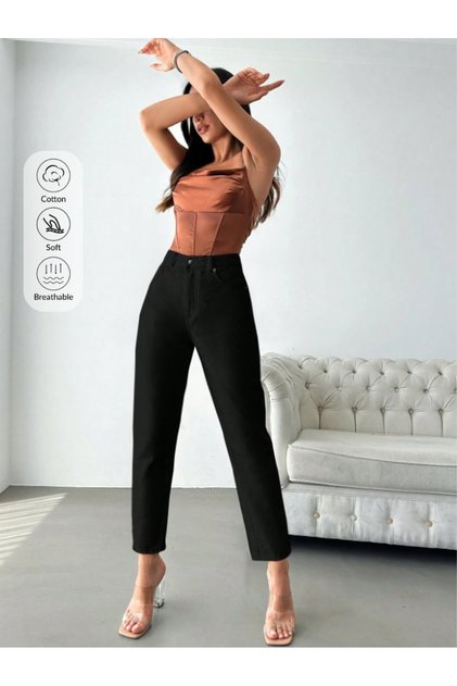 High Waist Black K Linen Mom Pants