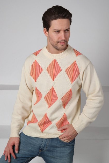 Ecru/Orange Crew Neck Diamond Patterned 100% Lamb Wool Men's Knitwear Sweater