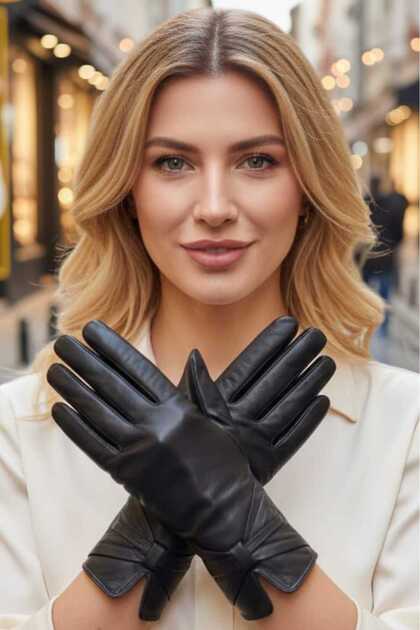 Women's V-Cut Bow-Lined Genuine Lambskin Leather Gloves