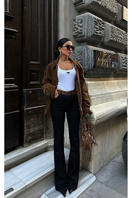 Noa Tess Ispanyol Jeans Ispanyol Kot Yüksek Bel Solmaz Siyah Ispanyol Kot Pantolon ( Likralı )