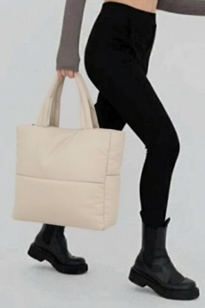Beige Embossed Cotton Fabric Shopper Bag - School Shoulder Bag