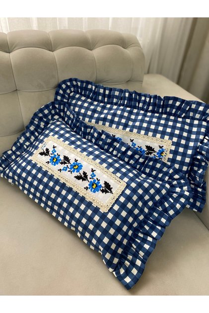Navy Blue Gingham Cross-Stitch Detailed Throw Pillow Cover (Price Is Per Piece/Cross-Stitch Model May Vary)