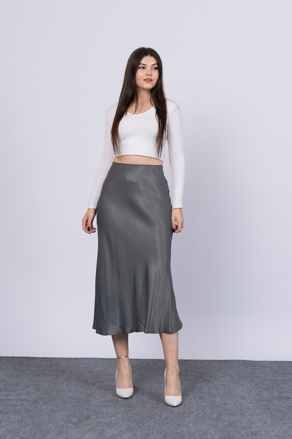 Women's Summer Khaki Satin Fabric Patterned Skirt with Elastic Waist 6679