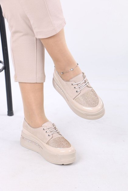 Beige Stone and Lace-Up Sports Women's Shoes
