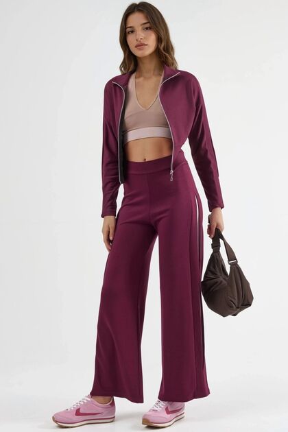 Modal Textured Zippered Collar High Waist Wide Leg Two Piece Set Berşan Collection