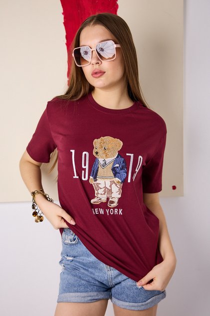 Women's Burgundy Bear Embroidered Crew Neck Short Sleeve Cotton T-Shirt