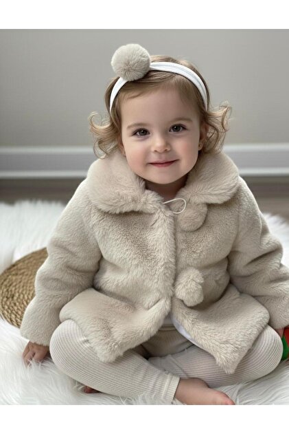 DÜZ RENK BANDANALI PONPON DÜĞMELİ ANGORA PELUŞ KIZ BEBEK CEKET