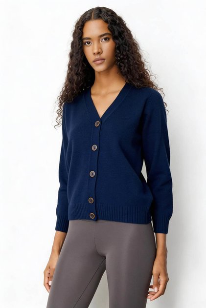 Women's V-Neck Short Wool Cardigan Indigo