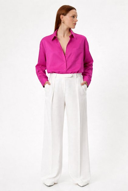 Women's Fuchsia Linen Flared Shirt – Comfortable Fit, Long Sleeves, Buttoned Basic Model