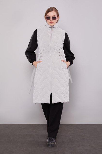 Stone Quilted Pattern Belted Vest