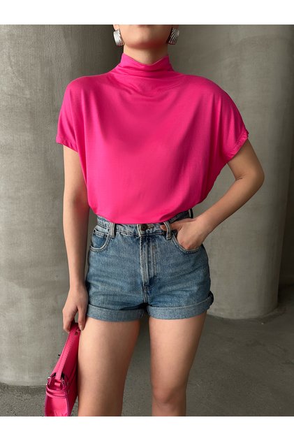 Women's Pink Stand Collar Viscose Elastane Fabric Off Shoulder Blouse