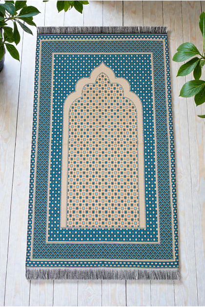 Lightweight Portable Star Pattern Tapestry Prayer Rug with Qibla - Blue