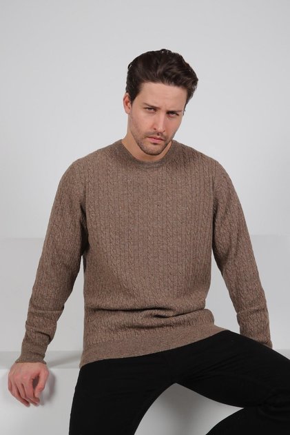 Brown Crew Neck Embossed Hair Knit Patterned 100% Lamb Wool Men's Knitwear Sweater
