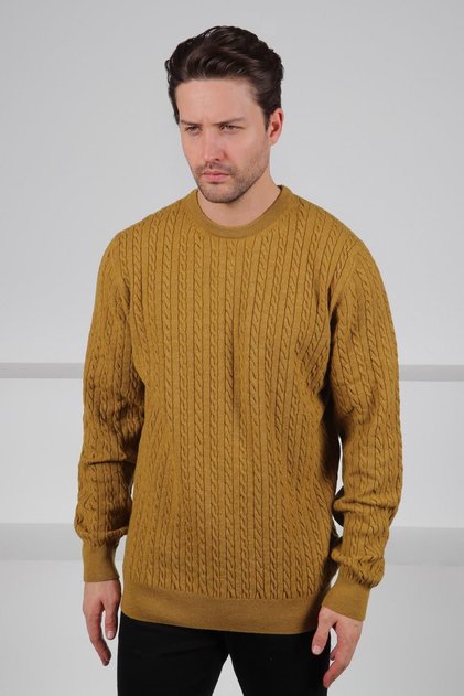 Mustard Crew Neck Embossed Hair Knit Patterned 100% Lamb Wool Men's Knitwear Sweater