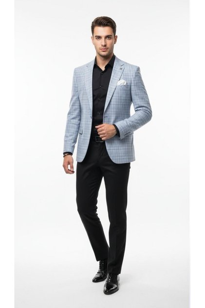 Erkek Keten Ekose Blazer Ceket Mono Yaka Tek Düğmeli Çift Yırtmaçlı