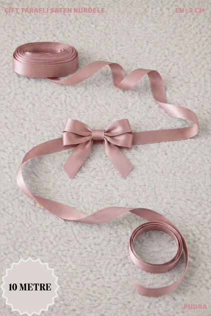 Pudra Saten Kurdele 2 cm 10mt - Bohça, Nikah, Nişan, Çeyiz, Hediye, Süsleme, Doğum Günü, Parti