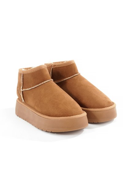 Shoes Faux Fur Detail Inside Faux Leather Tan Color Suede Thick Sole Comfortable Stylish Short Women's Boots