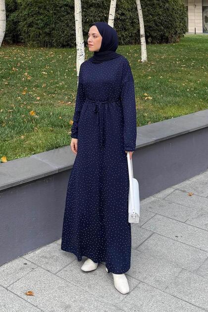 Stone Detailed Hijab Dress Navy Blue
