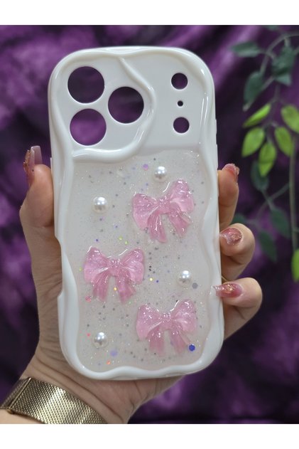 iPhone 17 PRO Uyumlu Pembe Fiyonk & İnci Detaylı Simli Epoksi Telefon Kılıfı